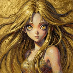 recursive image with a dangerous girl, prehistoric, large eyes, her long hair flowing, surreal, oil pastels and gold, in the style of katsuhiro otomo, modeled in poser, redshift render, uhd