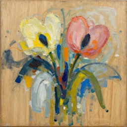 a painting of flowers on a wooden surface, an abstract painting by mary agnes yerkes, pinterest contest winner, lyrical abstraction, mixed media, acrylic art, biomorphic
