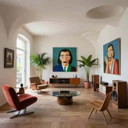 1 9 5 0 s interior design by gaudi and jeff koons, organic brutalist, zaha hadid, salvador dali, wes anderson, house plants, hi - fi stereo with speakers, modern furniture, bold modern art, mid century, minimal, parametric
