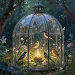 secret garden, glass cover, birds and butterflies, fairy tale, evening lights, highly detailed, low angle view, artstation, mysterious, comfort, expressive impressionist style, 8 k