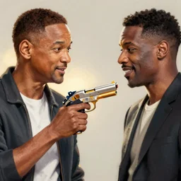 Will smith holding a toy gun with a slapper hand on it pointing it at Chris rock, well lit, digital art, virtuosic painting, award winning, high quality, visual, sharp, backlit, gorgeous lighting