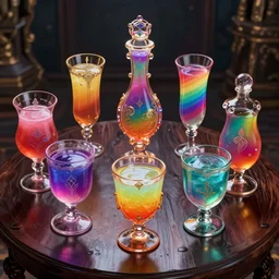 seven colored rainbow potions on a dark oak table. detailed fantasy designs made of glass. intricate design, ornate design. dramatic lighting. fantasy digital art by wlop and mobius