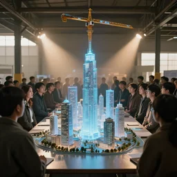large group people in simple warehouse, looking at hologram of futuristic downtown on a table, cinematic concept art, godrays, golden hour, natural sunlight, 4 k, clear details, tabletop model towers, center model towers, hologram center, crane shot, crane shot, crane shot, clear details, windows