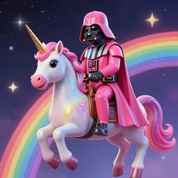 beautiful matte painting, rainbow colored pink pink darth vader wearing pink wearing pink, riding a unicorn, riding a unicorn, riding a unicorn with one horn, over a glittering rainbow, in psychedelic space, by lisa frank and dan mumford, octane render, HDR, vivid color, volumetric lighting, unreal engine, concept art, CGsociety, trending on artstation