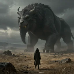 concept art of a small hooded figure standing in a barren field looking at a colossal beast, by Andreas Rocha + Ted Nasmith, dark, epic, masterpiece, highly detailed, 8k resolution, trending on art station