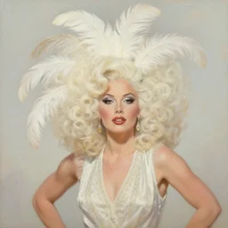 texas showgirl, big hair, feathers, 1 9 4 0 s, oil painting, pale colors, high detail, 8 k, wide angle, trending on artstation