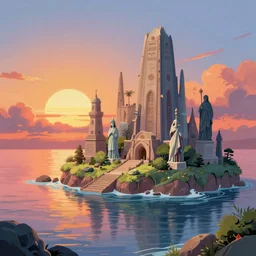 beautiful matte digital fantasy concept art of the shore of the island of monuments and statues, with a spectacular sunset, from the studio ghibli movie island monuments, by andreas rocha, pastel color palette, trending on artstation hq, 8 k