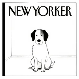 a still frame from comic strip, one dog sitting in an empty room, centered composition new yorker illustration, vector graphics, lineart, manga, tadanori yokoo, simplified, low details, smooth, ink