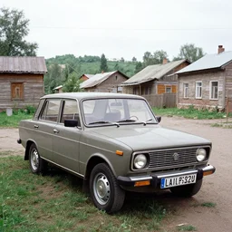 old lada 2 1 0 7 standing in typical soviet yard in small town, hrushevka on background, rutkowski