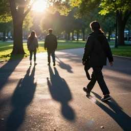 shadow people walking in the park, made from the side, 2 d ultra realistic, lens flare, atmosphere, glow, detailed, intricate, full of colour, cinematic lighting, trending on artstation, 4 k, hyperrealistic, focused, extreme details, unreal engine 5, cinematic, masterpiece, ultra realistic, hyper realistic, highly detailed, sharp focus, digital art
