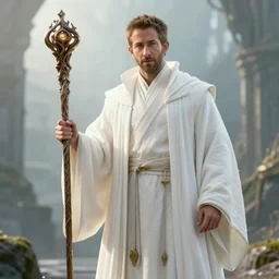 a photograph of ryan rynolds as a wizard with a staff and white robes romance novel fantasy photoshoot epic detailed and itricate digital photo trending on artstation by wlop octane render