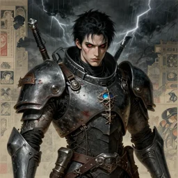 portrait of gothic and futuristic young man, warhammer, cyber armor, a lot of scars, thunderstorm, black head, red eyes, some green, the middle ages, highly detailed, artstation, in the style of moebius, jugendstil and classic japanese print, art by alfred kubin, jean delville