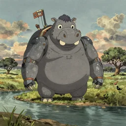 cell shaded cartoon of a giant lovecraftian mechanized grey hippo from howl's moving castle ( 2 0 0 4 ), in an african river, full body, wide shot, very muted colors, post grunge, studio ghibli, highly detailed, deviantart, art by artgem