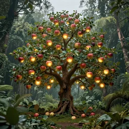 highly detailed photo of futuristic apple tree having glowing apple fruits in the middle of jungle in the style of Greg Rutswoski, wide angle shot, concept art, 8K detail post-processing