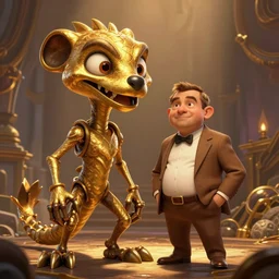 ratchet and clank meet mr bean, D&D, fantasy, cinematic lighting, highly detailed, digital painting, artstation, concept art, smooth, sharp focus, illustration, warm light, cozy warm tint, magic the gathering artwork, volumetric lighting, 8k, no gold, no gold colours, art by Akihiko Yoshida, Greg Rutkowski