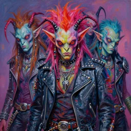 portrait of a scifi apocalyptic demonic orc goblin mutated biker characters, multiple faces, spider eyes, cool poses, psychedelic vibrant colors, futuristic punk rock fashion, oil painting by michael whelan art, sharp focus, realistic, detailed eyes, 8 0 s hair, studded leather jacket, 8 k
