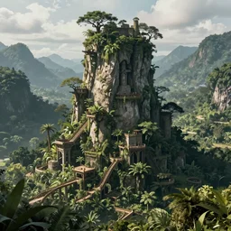 realistic jungle fortress high in the mountains, lush jungle, in the style Jordan grimmer, trending on art station