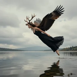 woman with deer horns and eagle wings black dress flying above a lake with clouds reflection