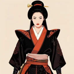 1 9 8 0 s glamour fashion portrait of neo - samurai woman, highly detailed, symmetrical details, flat shading, outlines, by patrick nagel