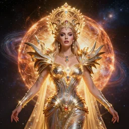 portrait of the powerful queen of the solar system in the style of anna dittmann and in the style of michael whelan. glowing, ornate and intricate, stunning, dynamic lighting, intricate and detailed.