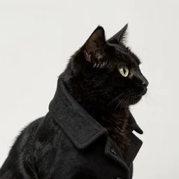 a black cat wearing a formal overcoat, profile photo portait