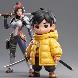 a tiny combat kid wearing a puffy yellow jacket and a katana, smooth, intricate, elegant, digital painting, artstation, concept art, sharp focus, octane render, illustration, art by ayami kojima, overwatch character,