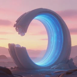 futuristic fantasy with chrono distortions and blue portal, at gentle dawn pink - yellow light, by eyvind earle, cinematic lighting, volumetric lighting, smooth, sharp focus, highly detailed, render in unreal engine 5, artstation, deviantart, behance, trending, epic composition, hd, octane, unreal engine, volumetric lighting, light rays, masterpiece, award - winning