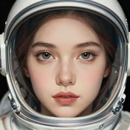 artwork by james jean and Phil noto; a close up on the face of a beautiful woman that in a future space suit; wearing futuristic astronaut helmet; highly detailed; pretty eyes; circular black pupils; artwork by james jean and Phil noto
