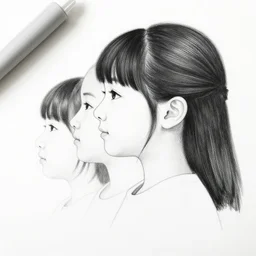 a wb plotter drawing 3 / 4 profile portrait 4 5 years old japanese woman, white and black, clear line art, low poly, very contrasted, black ink, smoke and fog around, close up view - n 4