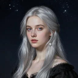 most beautiful young silver haired maiden portrait under starry night by J.M.W Turner, detailed, realistic