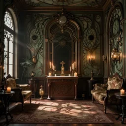 hyper realistic photo of an occult art nouveau room interior, old furnitures, altar, candles, gloomy volumetric lights
