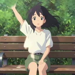 anime film visual illustration from a distance of a young woman sitting on a bench in a park, cute face by ilya kuvshinov, makoto shinkai, kyoani, masakazu katsura, dynamic pose, crisp and sharp, yoshinari yoh, rounded eyes, anime poster, ambient light, focused, flat, cel shaded