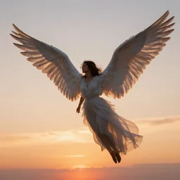 beautiful angel with majestic wings flying in the sky during a sunset, cinematic, photo, real