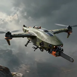 military drone, with chainsaw, futuristic, apocalyptic, by jon aaron kambeitz, katsuhiro otomo, heng z, concept art, insanely detailed, raytracing, octane, unreal engine, trending on artstation
