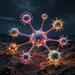 quantum connections represented as symbiotic organisms like cells playing around with colorful lights by ron arad