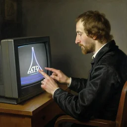 Portrait of a man playing ATARI game on a CRT television. Painting by Albrecht Dürer. Intricate details. hyper realism. Masterpiece.
