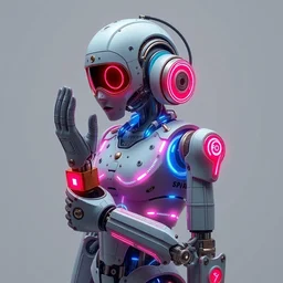 an intricate android with bright neon hydraulics, body made from porcelain and brass, leather gloves, pastel colors, 1 9 5 0 sci - fi, studio lighting, full body, calm, art nouveau, steampunk, ambient occlusion, octane render, ultra detailed, artgerm, norman rockwell, tom bagshaw