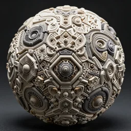 a stunning ultra detailed intricate spherical polymer clay sculpture made of tiny repetitive scifi geometric shapes, paisley patterns, curvy fractals, artstation, deep depth of field, volumetric lighting, 3 d model, 8 k, dark background, 2 4 mm lens