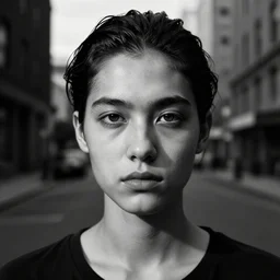 model with detailed clear face alone in a empty city, a high contrast hyper detailed black and white studio portrait photo, shot in area x from the movie annihilation, by beau brashares, pinhole photography