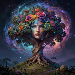 a wlop 3 d render of very very very very highly detailed beautiful colorful mystic portrait of a tree on a hill with whirling galaxy around, tattoos by anton pieck, intricate, extremely detailed, digital painting, artstation, concept art, smooth, sharp focus, illustration, intimidating lighting, incredible art,
