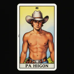a beautiful tarot! card of a handsome shirtless cowboy wearing cowboy hat and boots with a chunky build muscular legs and beer belly next to a campfire, homoerotic!, art deco!, art nouveau,  by Walter Crane, by Mark Maggiori, trending on artstation