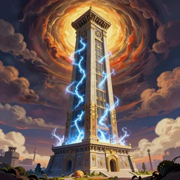 one large on base majestic rectangular upright magic tower, thunders, highly detailed background, a dash of magic, vibrant color palette, trending on artstation, digital art, by salvador dali
