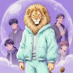 aesthetic portrait commission of a albino male furry anthro lion under a heavenly lavender bubble filled place while wearing a cute mint colored cozy soft pastel winter outfit, winter atmosphere. character design by charlie bowater, ross tran, artgerm, and makoto shinkai, detailed, inked, western comic book art, 2 0 2 1 award winning painting