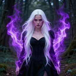style artgerm, joshua middleton, hubert robert, beautiful kristen bell with black dress, very long white hair, symmetrical face, symmetrical eyes, purple fire powers fire swirling, detailed, forest setting, cinematic lighting