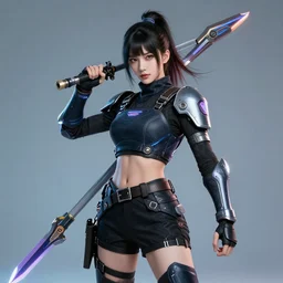 photo of a female cyber ninja warrior with high tech weapons