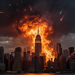 a photograph photo of new york city being scorched by holy fire from the sky and meteors