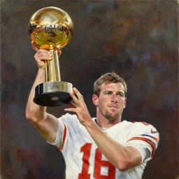 oil on canvas portrait, patriots quarterback lifting lombardi trophy