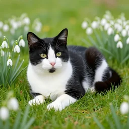 a black and white cat laying in a vibrant meadow surrounded by common snow drops