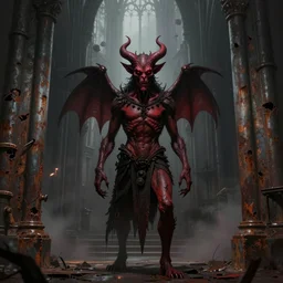 a matte painting of a demon standing in the interior of a gothic church, digital painting, concept art, rusty metal walls, broken pipes, dark colors, muted colors, red colors, tense atmosphere, church cathedral, mist floats in the air, amazing value control, muted colors, moody colors, dramatic lighting, cinematic lighting, sharp focus