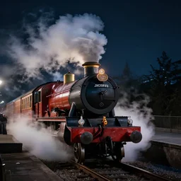 the hogwarts express jacobite steam train, the train is coming at the camera, loads of steam, dramatic light, night scene, greg rutkowski, zabrocki, karlkka, jayison devadas, trending on artstation, 8 k, ultra wide angle, zenith view, pincushion lens effect